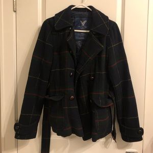 Navy Plaid Pea Coat